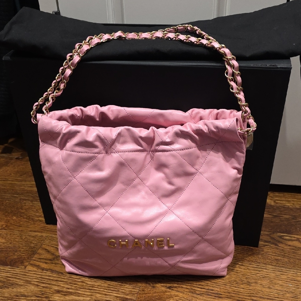 SOLD Chanel Pink Quilted Shiny Calfskin Leather 22 Small Hobo Bag